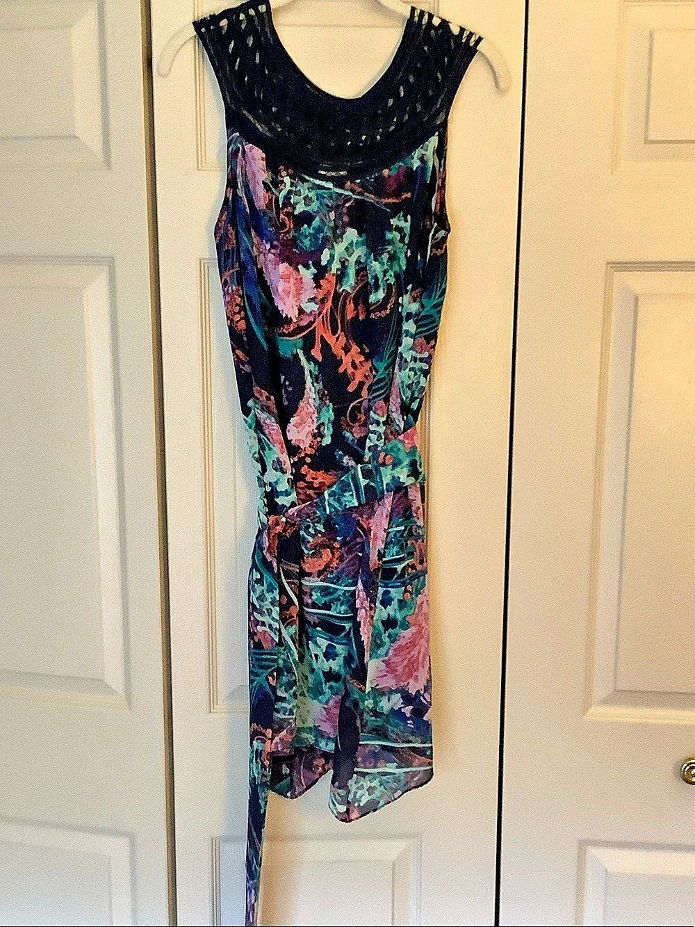 Soma Floral Print Crochet Trim Dress with Waist Tie Black & Multicolor Medium